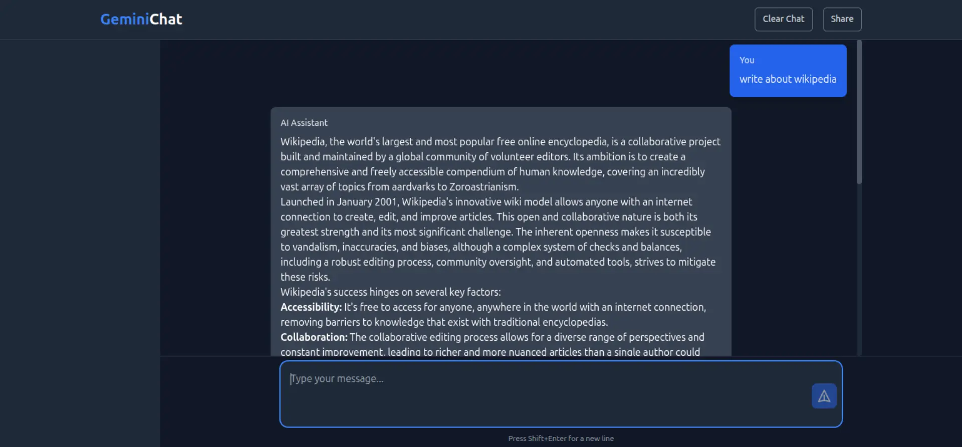 Screenshot of GeminiChat - AI Chat Application